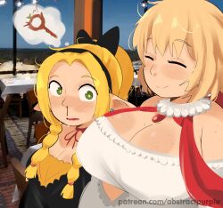 2girls abstractpurple absurdres ambrosia_(dungeon_meshi) aroused_nosebleed blonde_hair body_freckles bow braid breast_freckles breasts cleavage dungeon_meshi elf falin_touden freckles green_eyes hair_bow hairband highres huge_breasts looking_at_another looking_at_breasts marcille_donato multiple_girls official_alternate_costume phallic_symbol photo_background pointy_ears red_shawl shawl smile sweat twin_braids upper_body yuri