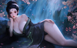 Rule 34 | 1girl, absurdres, black hair, black kimono, black myth: wukong, black panties, breasts, cherry blossoms, cleavage, facial mark, forehead mark, fourth sister (black myth: wukong), grey eyes, hair bun, highres, japanese clothes, kimono, large breasts, looking at viewer, lying, makeup, narrow waist, on side, outdoors, panties, red lips, runny makeup, single hair bun, solo, turewindwalker, underwear, water, waterfall