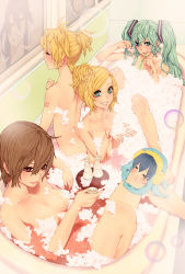 3boys 3girls alcohol aqua_hair aqua_nails barefoot bath bikini_tan blonde_hair blood blue_eyes blush breasts brown_hair bubble bubble_bath censored convenient_censoring flat_chest green_hair grin hatsune_miku heterochromia highres kagamine_len kagamine_rin kaito_(vocaloid) kamui_gakupo medium_breasts megurine_luka meiko_(vocaloid) mixed-sex_bathing multiple_boys multiple_girls nail_polish nayu nosebleed nude red_eyes red_nails revealing_tanlines ripples sake shared_bathing small_breasts smile soap_bubbles soap_censor takokaito takoluka tan tanline tanlines toes trap twintails vocaloid yellow_nails