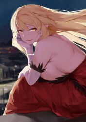 1girl absurdres bare_shoulders blonde_hair blurry blurry_background blush breasts dress elbow_gloves gloves highres kiss-shot_acerola-orion_heart-under-blade kizumonogatari long_hair looking_at_viewer monogatari_(series) oshin0_(zheng) oshino_shinobu outdoors red_dress sideboob sitting smile solo vampire white_gloves yellow_eyes