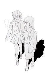 2girls asahina_yuni blush closed_mouth haoxiangkan_nutong highres jacket kyou_wa_kanojo_ga_inai_kara long_hair long_sleeves looking_at_another miniskirt multiple_girls open_clothes open_jacket pleated_skirt scarf shoes skirt socks taki_fuuko yuri