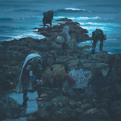 Rule 34 | 3others, cable, can, drink can, highres, litter, multiple others, ocean, official art, robot, science fiction, shore, simon stalenhag, the electric state, thumbs up, trash