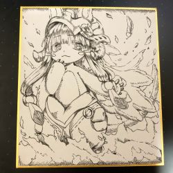 1other :3 animal_ears closed_mouth commentary_request feathers furry greyscale hand_to_own_mouth hand_up hatching_(texture) helmet highres horizontal_pupils looking_at_viewer made_in_abyss monochrome nanachi_(made_in_abyss) nina_(maurururoa) other_focus photo_(medium) puffy_pants shikishi short_hair_with_long_locks solo standing topless_other traditional_media whiskers wind