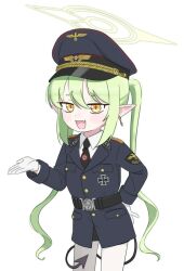 1girl black_cat03 blue_archive green_hair halo hat long_hair military_uniform nazi nozomi_(blue_archive) pointy_ears simple_background solo twintails white_background yellow_eyes