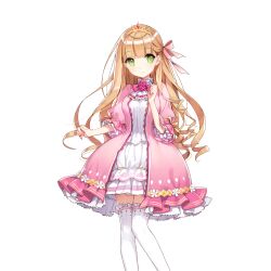 1girl blonde_hair blunt_bangs choker dress elbow_sleeve flower flower_choker frilled_choker frilled_dress frills gold_tiara green_eyes lina_princella long_hair pink_dress pink_flower pink_rose rose salt_(salty) thighhighs uchi_no_hime-sama_ga_ichiban_kawaii very_long_hair white_thighhighs