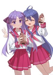 2girls :3 arm_behind_another&#039;s_back black_bow blue_hair bow chocolate_cornet closed_eyes de-lease food frown highres hiiragi_kagami holding holding_food izumi_konata long_hair lucky_star multiple_girls neckerchief open_mouth pink_neckerchief purple_eyes purple_hair red_sailor_collar red_skirt ryouou_school_uniform sailor_collar school_uniform shirt skirt tsurime twintails v white_background white_shirt