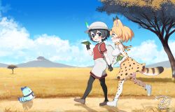 2girls animal_ears animal_print backpack bag black_hair blonde_hair blue_sky blush bow bowtie breasts cloud commission day elbow_gloves extra_ears gloves grass grasslands hat hat_feather helmet highres kaban_(kemono_friends) kemono_friends large_breasts lucky_beast_(kemono_friends) medium_breasts multiple_girls open_mouth orange_bow orange_bowtie outdoors pantyhose pantyhose_under_shorts pith_helmet plain print_bow print_bowtie print_gloves print_skirt ransusan red_shirt sandstar savannah serval_(kemono_friends) shirt short_hair short_sleeves shorts skeb_commission skirt sky sleeveless sleeveless_shirt smile striped_tail tail thighhighs tree two-tone_bow two-tone_bowtie volcano white_bow white_bowtie