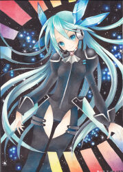 Rule 34 | 1girl, aqua eyes, aqua hair, ascot, blush, clothing cutout, dot nose, feet out of frame, floating hair, floating headgear, full-length zipper, gem, hair between eyes, hatsune miku, hatsune miku (plug-in), headgear, headset, leotard, long hair, long sleeves, looking at viewer, mosho, project diva (series), red gemstone, silver trim, sleeve cuffs, smile, sparkle, star (sky), starry sky background, traditional media, very long hair, vocaloid, zipper