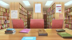 Rule 34 | book, bookshelf, ceiling, ceiling light, chair, highres, indoors, library, no humans, non-web source, notebook, official art, our life: beginnings and always, poster (object), scenery, shadow, table, tile ceiling, tiles, too many, too many books, variant set, wooden table
