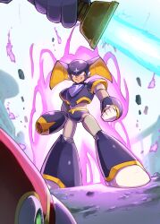 2boys absurdres android arm_cannon armor aura bass_(mega_man) black_armor black_helmet chest_jewel city clenched_hand clenched_teeth dark_aura debris energy_sword evil_grin evil_smile fang fighting_stance forehead_jewel from_behind full_body gloves grin helmet highres holding holding_sword holding_weapon jewelry mega_man_(classic) mega_man_(series) mega_man_x_(series) multiple_boys no_842 red_eyes robot robot_ears shoulder_armor slit_pupils smile sword teeth weapon white_gloves z_saber zero_(mega_man)