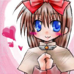 Rule 34 | 1girl, 2000s (style), :3, acolyte (ragnarok online), blue eyes, blush, bow, brown capelet, brown hair, capelet, closed mouth, commentary request, hair bow, heart, long hair, looking at viewer, lowres, oekaki, own hands together, ragnarok online, red bow, smile, solo, tomiya airu, upper body