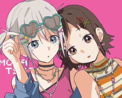2girls adjusting_eyewear aoba_moca bang_dream! brown_eyes brown_hair coldcat. commentary earclip earrings grey_eyes grey_hair hair_ornament hairclip hazawa_tsugumi heart heart-shaped_eyewear heart_earrings highres jewelry looking_at_viewer multiple_girls necklace open_mouth pink_tank_top shirt short_hair sleeveless sleeveless_shirt striped_clothes striped_shirt sunglasses symbol-only_commentary tank_top tongue tongue_out upper_body