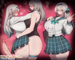 Rule 34 | 2girls, \||/, aqua bow, armpit crease, arms around neck, bare shoulders, black hairband, black ribbon, black tank top, blue eyes, blush, bottomless, bow, breast press, breasts, bright pupils, buttons, censored, cervix, closed mouth, commentary request, cross-section, deep penetration, double-breasted, double-parted bangs, firefly (honkai: star rail), firefly (spring missive) (honkai: star rail), futa with female, futanari, gradient eyes, green sailor collar, green skirt, grey hair, hair between eyes, hair ribbon, hairband, hand on another&#039;s waist, hand up, heart, highres, honkai: star rail, honkai (series), hug, large breasts, large penis, long hair, long sleeves, looking at viewer, miniskirt, mosaic censoring, multicolored eyes, multiple girls, multiple views, official alternate costume, open hand, penis, pink eyes, plaid clothes, plaid skirt, red background, ribbon, rikuguma, sailor collar, school uniform, serafuku, sex, shirt, skindentation, skirt, smile, standing, standing sex, steam, stelle (honkai: star rail), sweat, tank top, thigh strap, thighhighs, trailblazer (honkai: star rail), two-tone skirt, uterus, vaginal, veins, veiny penis, waving, white hair, white pupils, white shirt, white thighhighs