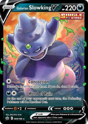 Rule 34 | arita mitsuhiro, artist name, card (medium), character name, cloud, company name, copyright name, copyright notice, english text, forehead jewel, galarian slowking, grass, nintendo, no humans, official art, open mouth, orange sky, outdoors, poison, pokemon, pokemon (creature), pokemon card, pokemon focus, pokemon tcg, sky, solo, standing, teeth, third-party source, trading card