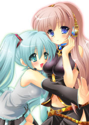 2girls aqua_eyes aqua_hair bad_id bad_pixiv_id blue_eyes blush detached_sleeves female_focus hatsune_miku headset highres konomi_(kino_konomi) long_hair megurine_luka midriff multiple_girls necktie pink_hair skirt thighhighs vocaloid yamaha zettai_ryouiki