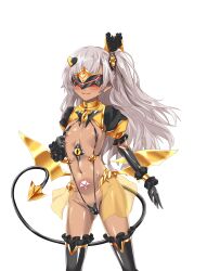 Rule 34 | 1girl, absurdres, black gloves, blush, breasts, corruption, covered erect nipples, dark-skinned female, dark persona, dark skin, demon tail, elbow gloves, girls&#039; frontline, gloves, grey hair, hair ornament, heart, highres, logia13laplace, long hair, low wings, mask, navel, one side up, pubic tattoo, slave gear, slingshot swimsuit, small breasts, smile, solo, swimsuit, tail, tattoo, thighhighs, transparent background, ts magical girl nao, ump45 (girls&#039; frontline), variant set, wings