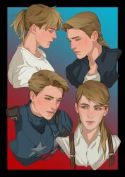 1girl absurdres art_by_crazytom black_border black_jacket blonde_hair blue_background blue_bodysuit blue_eyes bodysuit border captain_america captain_america_(series) closed_eyes closed_mouth collared_shirt genderswap genderswap_(mtf) gradient_background half-closed_eyes high_ponytail highres jacket lips long_hair looking_to_the_side marvel marvel_cinematic_universe multiple_views open_clothes open_jacket ponytail red_background russian_commentary shirt short_hair short_ponytail star_(symbol) steve_rogers superhero_costume suspenders t-shirt teeth two-tone_background upper_body very_short_hair wet white_shirt
