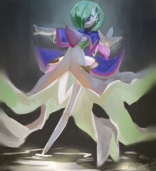 absurdres austinarts bob_cut capelet colored_skin dress gardevoir gardevoir_(sacred) gen_3_pokemon green_hair green_skin grey_background hair_over_one_eye highres monocle multicolored_skin nintendo pokemon pokemon_(creature) pokemon_unite purple_capelet purple_eyes signature two-tone_skin waist_cape white_dress white_skin