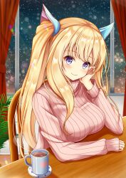 1girl absurdres blonde_hair breasts chair coffee coffee_mug cup emn hair_ornament hand_on_own_cheek hand_on_own_face highres indoors iris_mysteria! large_breasts long_hair looking_at_viewer lydia_(iris_mysteria!) mug night on_chair plant potted_plant ribbed_sweater sweater table twintails winter