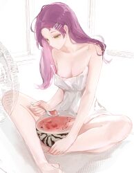 Rule 34 | 1girl, absurdres, aisha greyrat, bare shoulders, barefoot, breasts, camisole, cleavage, closed mouth, collarbone, commentary, electric fan, food, foot out of frame, fruit, hair ornament, hairpin, highres, holding, holding spoon, indoors, long hair, medium breasts, multiple hairpins, mushoku tensei, on floor, parted bangs, red hair, ronuma, sitting, solo, spaghetti strap, spoon, strap slip, symbol-only commentary, thighs, watermelon, white camisole