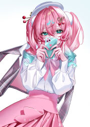 Rule 34 | 1girl, absurdres, blush, cellphone, fingernails, hair between eyes, hair intakes, hat, highres, holding, holding phone, honkai (series), hyacine (honkai: star rail), jacket, long hair, long sleeves, looking at viewer, nail polish, phone, pink hair, pink jacket, pink nails, pink skirt, ringeko-chan, shirt, skirt, smartphone, solo, twintails, white background, white hat, white shirt