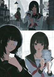 2girls @_@ backpack bag black_eyes black_hair black_sailor_collar black_serafuku black_shirt black_skirt blush chinese_commentary clock commentary_request eyepatch glasses grey_eyes heart hello_kitty hello_kitty_(character) highres jewelry kneehighs long_sleeves mole mole_under_eye multiple_girls nail_polish neckerchief notebook open_mouth original pleated_skirt red_bag red_nails red_neckerchief ring sailor_collar sanrio school_uniform serafuku shelf shirt shuishuisama silk skirt socks spider_web white_shirt white_socks yuri_(object)