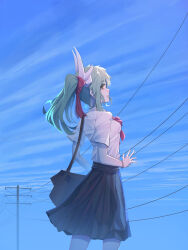 Rule 34 | 1girl, absurdres, aqua hair, bow, breasts, dragon girl, dragon horns, fate/grand order, fate (series), green hair, hair bow, highres, horns, kiyohime (fate), long hair, looking at viewer, outdoors, pleated skirt, ponytail, red bow, school uniform, sidelocks, skirt, small breasts, smile, solo, tailor (xmdj3484), yellow eyes