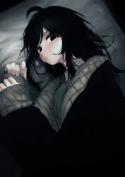 1girl absurdres black_coat black_eyes black_hair closed_mouth coat darandy empty_eyes highres long_hair long_sleeves looking_at_viewer lying messy_hair on_back original pillow scratches sleeves_past_wrists solo upper_body