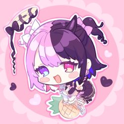 1girl amaki_pururu black_bow black_hair black_horns blue_eyes blush_stickers bow chibi chibi_only food fruit hair_bow halo heart heterochromia highres horns looking_at_viewer maou_(maou62) multicolored_hair open_mouth pineapple pink_bow pink_hair red_eyes reject_(esports) single_horn solo split-color_hair two-tone_hair two_side_up v virtual_youtuber white_bow