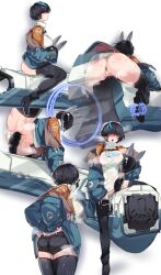 1girl absurdres anus ass bike_shorts black_hair black_thighhighs blue_hair blue_jacket blue_streaks breasts censored dildo dildo_riding guilty_gear guilty_gear_strive harness highres jacket mocomori mosaic_censoring motor_vehicle motorcycle multicolored_hair object_insertion on_motorcycle open_clothes open_jacket orange_jacket pussy_juice red_eyes sex_toy short_hair streaked_hair thighhighs turtleneck unika_(guilty_gear) vaginal vaginal_object_insertion