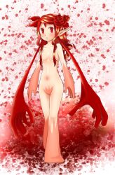 1girl blush breasts closed_mouth colored_extremities commentary completely_nude expressionless falling_petals flower full_body hair_flower hair_ornament hair_over_breasts lif_(ragnarok_online) long_hair looking_at_viewer medium_breasts meiko_(nattu303) navel nude petals ragnarok_online red_eyes red_flower red_hair red_rose rose solo third_eye very_long_hair