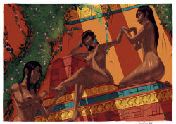 3girls applying_manicure black_hair bracelet breasts chel_(the_road_to_el_dorado) commentary completely_nude cossackfalco dark-skinned_female dark_skin dated earrings highres ivy jewelry long_hair looking_at_viewer multiple_girls multiple_persona nipples nude signature sitting the_road_to_el_dorado wet