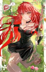 1girl =_= ahoge bare_shoulders black_arm_warmers black_choker black_dress black_pantyhose black_sleeves blush_stickers border breasts buttons choker cleavage closed_mouth commentary crescent crescent_necklace crossed_legs daisy_(flower) day detached_sleeves dot_nose dress english_commentary eyelashes feet_out_of_frame fishnet_pantyhose fishnets floating_hair flower food grass green_eyes hair_between_eyes halftone happy head_only highres jewelry lace-trimmed_arm_warmers lace-trimmed_choker lace-trimmed_sleeves lace_trim lips long_hair looking_ahead medium_breasts melamel_3 multiple_views necklace on_swing original outdoors outside_border pantyhose parfait peony_(flower) pillarboxed pink_flower plant pleated_dress potato red_hair shade short_dress short_sleeves sidelocks sitting smile speech_bubble spoken_food star_(symbol) star_in_eye strapless strapless_dress swing swinging_on_swing symbol_in_eye thinking thought_bubble very_long_hair vines white_border white_flower wind
