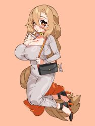 1girl absurdres bag bag_charm black_nails black_shoes blush bow braid breasts brown_hair bubble_tea charm_(object) choker cleavage covered_navel cup dongtan_dress dress drinking_straw drinking_straw_in_mouth full_body grey_dress hair_bow high_heels highres holding holding_cup k.tomato long_hair long_sleeves looking_at_viewer meme_attire nail_polish orange_bow orange_eyes original rerie_(k.tomato) shoes simple_background single_braid solo tight_clothes very_long_hair