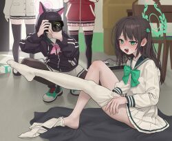 4girls absurdres after-school_sweets_club_(blue_archive) airi_(blue_archive) animal_ears black_hair black_hoodie black_pantyhose black_thighhighs blue_archive camera cardigan cat_ears colored_inner_animal_ears colored_inner_hair food-themed_hair_ornament green_eyes green_halo green_sailor_collar hair_ornament halo highres holding holding_camera hood hoodie ice_cream_hair_ornament jacket kazusa_(blue_archive) long_hair long_sleeves miniskirt multicolored_hair multiple_girls natsu_(blue_archive) neckerchief okokorika open_mouth pantyhose pink_hair pink_halo pink_neckerchief pink_skirt pleated_skirt red_jacket sailor_collar school_uniform serafuku shirt short_hair sitting skindentation skirt squatting standing thighhighs two-tone_hair white_cardigan white_serafuku white_shirt white_skirt white_thighhighs yoshimi_(blue_archive)