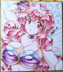 1girl arm_up breasts choker comiket_103 cotton_(game) fairy_wings large_breasts long_hair mizushiro_takuya open_mouth pink_eyes purple_choker red_hair signature silk_(cotton) solo success traditional_media wings