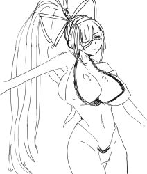 1girl bikini breasts cleavage covered_erect_nipples curvy eyepatch hair_ribbon half-closed_eye highres large_breasts legs long_hair looking_at_viewer majikina_mina monochrome navel oekaki ponytail ribbon samurai_spirits sideboob snk swimsuit thighs thong_bikini traditional_media
