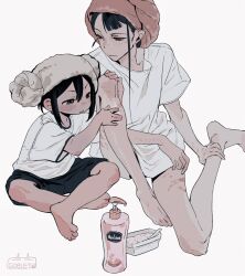 Rule 34 | 2girls, artist name, asakusa midori, asymmetrical bangs, barefoot, black hair, commentary, eizouken ni wa te wo dasu na!, freckles, goblet 42, hand on another&#039;s leg, highres, kanamori sayaka, lotion bottle, multiple girls, shirt, shorts, simple background, stretch marks, towel, towel on head, white background, white shirt