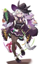 1girl animal_ear_headwear animal_ears ankle_boots asymmetrical_sidelocks belt black_boots black_pantyhose black_shirt boots box breasts cake cake_slice cleavage clover clover_hair_ornament cup fake_animal_ears fang floating floating_object food fork four-leaf_clover four-leaf_clover_hair_ornament frilled_skirt frilled_sleeves frills full_body gem gift gift_box grey_hair hair_ornament hairpin hat highres horse_girl horse_tail inuyayo jacket large_breasts long_sleeves multicolored_hair off_shoulder open_clothes open_jacket open_mouth pantyhose plate pleated_skirt purple_eyes purple_gemstone purple_hair purple_jacket purple_skirt shirt simple_background skirt solo sparkling_eyes spoon standing standing_on_one_leg star_balloon star_ring_vpro strawberry_shortcake tail teacup test_tube umano_popuri virtual_youtuber white_background white_belt wide_sleeves wizard_hat