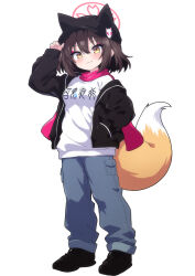 Rule 34 | 1girl, black jacket, black shoes, blue archive, brown hair, casual, eyeliner, fox girl, fox tail, fukamiki kei, full body, grey pants, hand in pocket, hat, hat ornament, hat tip, hat with ears, highres, izuna (blue archive), jacket, long sleeves, looking at viewer, makeup, off shoulder, open clothes, open jacket, pants, pink scarf, scarf, shoes, short hair, simple background, smile, sneakers, standing, streetwear, sweater, tail, white background, white sweater, yellow eyes