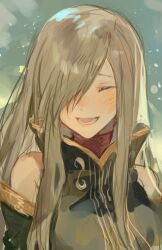 1girl bare_shoulders blush brown_dress brown_hair brown_sleeves closed_eyes commentary detached_sleeves dress facing_viewer hair_over_one_eye high_collar kuzuvine long_hair open_mouth sidelocks sleeveless sleeveless_dress smile solo tales_of_(series) tales_of_the_abyss tear_grants turtleneck upper_body
