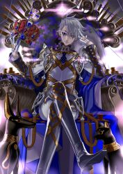 Rule 34 | 1boy, ahoge, aiguillette, armor, black eyes, blue cape, boots, cape, closed mouth, coin, crossed legs, crown, elbow rest, expressionless, fate/grand order, fate (series), foot out of frame, fur-trimmed cape, fur trim, game cg, gloves, glowing, gold, gold coin, grey boots, grey hair, half gloves, hand in own hair, hand on own head, hands up, head rest, head tilt, high collar, holding, holding crown, honjou raita, jacket, james moriarty (ruler) (fate), layered sleeves, lightning ahoge, long sleeves, looking at viewer, makeup, male focus, official art, pants, puzzle piece print, red crown, short hair, sitting, sitting on throne, solo, statue, straight-on, string, swept bangs, tailcoat, thigh boots, third-party source, throne, unworn crown, white gloves, white jacket, white pants