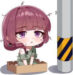 Rule 34 | 1girl, absurdres, agm, blunt bangs, bocchi the rock!, box, braid, cardboard box, collarbone, commentary, dirty, dirty clothes, dirty face, dot nose, earrings, english commentary, hair over shoulder, hanafuda earrings, highres, hiroi kikuri, jewelry, light blush, long hair, messy hair, parted lips, patch, pole, purple eyes, purple hair, seiza, simple background, single off shoulder, sitting, solo, torn clothes, utility pole, white background