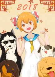 1girl 2018 :d absurdres acfun_girl bare_arms blue_sailor_collar bun_cover clenched_hands dog double_bun dress fang floral_background hair_bun highres looking_at_viewer neckerchief open_mouth orange_eyes orange_hair original paw_pose sailor_collar sailor_dress short_hair sleeveless sleeveless_dress smile solo upper_body white_dress yellow_background yellow_neckerchief yunshi_tiankeng