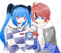 1boy 1girl ahoge amemiya_darumi black_hair blue_eyes blue_hair charm_(object) chibi closed_mouth collar collarbone hair_between_eyes heart hood hoodie long_hair long_sleeves makeup messy_hair multicolored_hair open_mouth pink_eyes red_hair runny_makeup simple_background sumino_takumi the_hundred_line_-last_defense_academy- twintails upper_body white_background