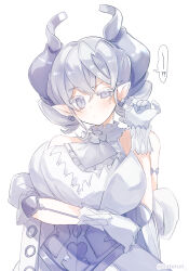 1girl ? arm_under_breasts breasts demon_girl demon_horns drill_hair duel_monster gloves grey_eyes grey_hair highres horns ka_(haterun) large_breasts lovely_labrynth_of_the_silver_castle pointy_ears simple_background solo speech_bubble spoken_question_mark twin_drills upper_body white_background white_gloves yu-gi-oh!
