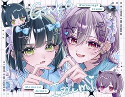 2girls :d alternate_costume animal_ears aqua_jacket arrow_through_heart blue_bow blue_jacket blunt_bangs blunt_ends blush bob_cut border bow character_name commentary ear_piercing earrings four-finger_heart_hands fox_ears green_eyes green_hair grey_hair grid_border hair_bow hair_intakes hair_ornament hairpin heart heart_hair_ornament heart_hands heart_hands_duo heart_in_eye highres jacket jersey_maid jewelry katsuragi_izumi kemonomimi_mode link!_like!_love_live! long_hair long_sleeves looking_at_viewer love_live! maid maid_headdress momose_ginko multiple_girls multiple_hairpins multiple_views nin_(niyuu_mo9) open_mouth orange_eyes parted_lips piercing short_hair sleeves_past_wrists smile symbol-only_commentary symbol_in_eye teeth track_jacket triangle_hair_ornament unconventional_maid virtual_youtuber white_border wolf_cut wolf_ears x_hair_ornament