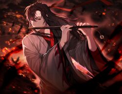 Rule 34 | 1boy, absurdres, bird, bishounen, black hair, black hanfu, black smoke, chinese clothes, cloud, coat, dizi, embers, fire, floating hair, flute, flute tassel, grey coat, hair between eyes, hair down, hair ribbon, half updo, hanfu, highres, holding, holding flute, holding instrument, instrument, jujeop, korean commentary, long hair, long sleeves, looking at viewer, male focus, modao zushi, music, night, night sky, official alternate costume, official alternate hairstyle, open clothes, open coat, playing flute, playing instrument, red eyes, red ribbon, red sky, ribbon, robe, sash, sidelocks, sky, smoke, solo, standing, tassel, transverse flute, twitter username, upper body, watermark, wei wuxian, wei wuxian (yiling laozu), wide sleeves