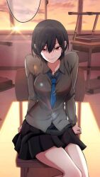 1girl black_hair black_skirt blush brown_shirt collarbone female_focus grey_background happy looking_at_viewer red_eyes shirt short_hair skirt smile smiley_face suna_byul webtoon_character_na_kang_lim