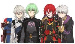 6+boys arm_around_neck armor black_armor black_coat blue_hair blue_tunic coat fire_emblem fire_emblem_heroes gloves green_eyes green_hair grey_hair hand_on_another&#039;s_shoulder highres long_sleeves male_alear_(fell_dragon)_(fire_emblem) male_alear_(fell_dragon_child)_(fire_emblem) male_alear_(fire_emblem) male_byleth_(enlightened)_(fire_emblem) male_byleth_(fire_emblem) male_corrin_(bloodbound_beast)_(fire_emblem) male_corrin_(fire_emblem) male_kris_(fire_emblem) male_robin_(fire_emblem) male_robin_(grima)_(fire_emblem) marth_(emblem)_(fire_emblem) marth_(fire_emblem) multiple_boys nintendo red_eyes red_hair short_hair simple_background tunic upper_body white_background zuzu_(ywpd8853)